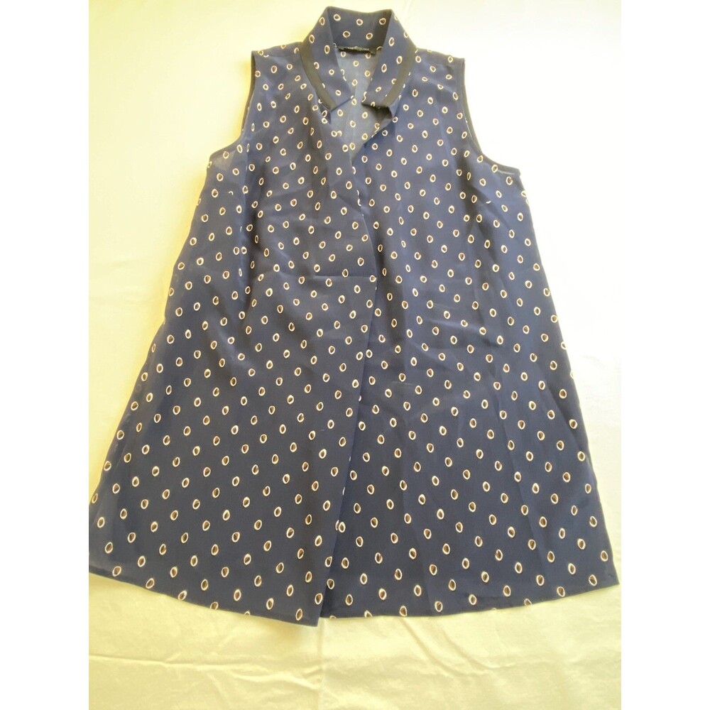 Lafayette 148 NY Royal Navy Blue Dot Pattern Silk Tank V neck Top Sz Petite
